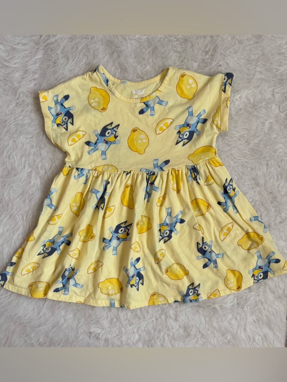 Girls’ Bright Yellow Lemon Print Dress with Fun Bluey Character